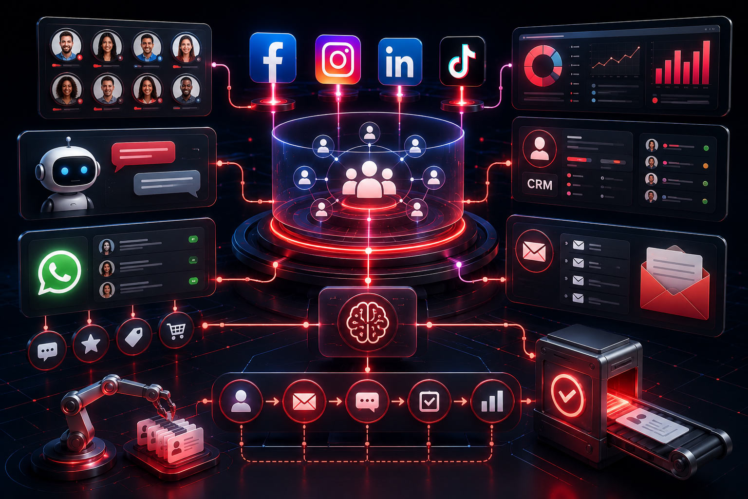 Futuristic CRM automation dashboard in neon