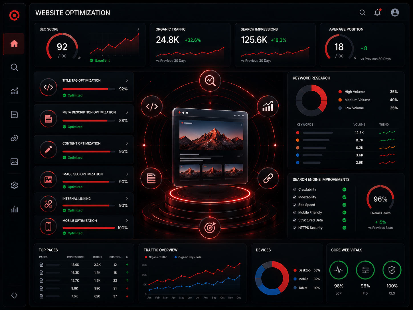 Futuristic website optimization dashboard