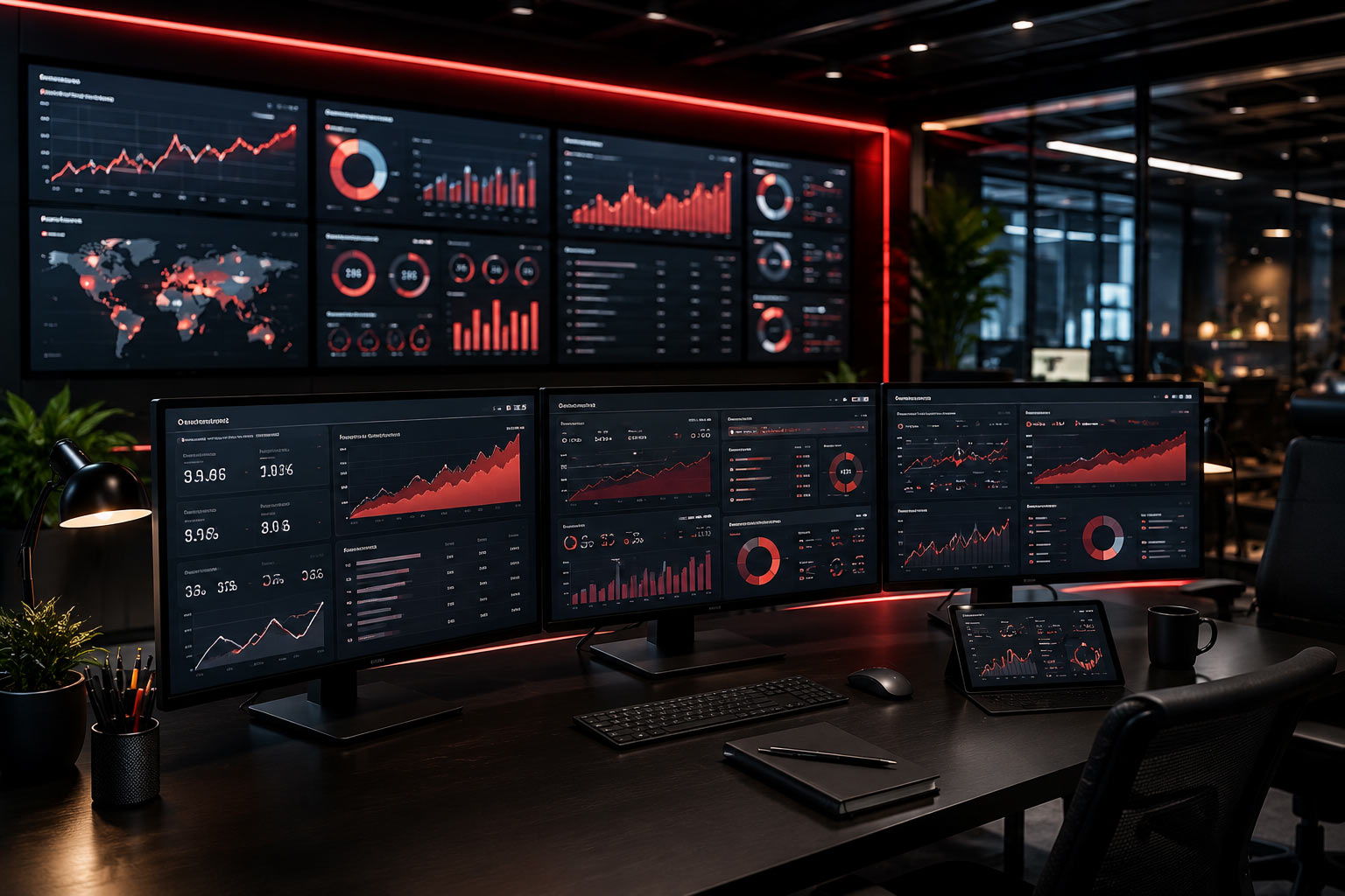 Modern tech control room with red accents